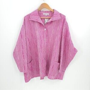 Christopher Calvin Gingham Button Up Top Textured Lagenlook Pink Coastal NWT